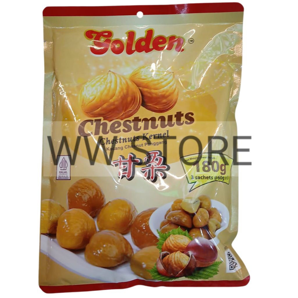 

Cemilan snek makanan ringan buah kacang berangan panggang tanpa kulit halal MUI Golden Roasted Chestnuts chestnut kernel without shell 180g ( 3 sachets x 60g )