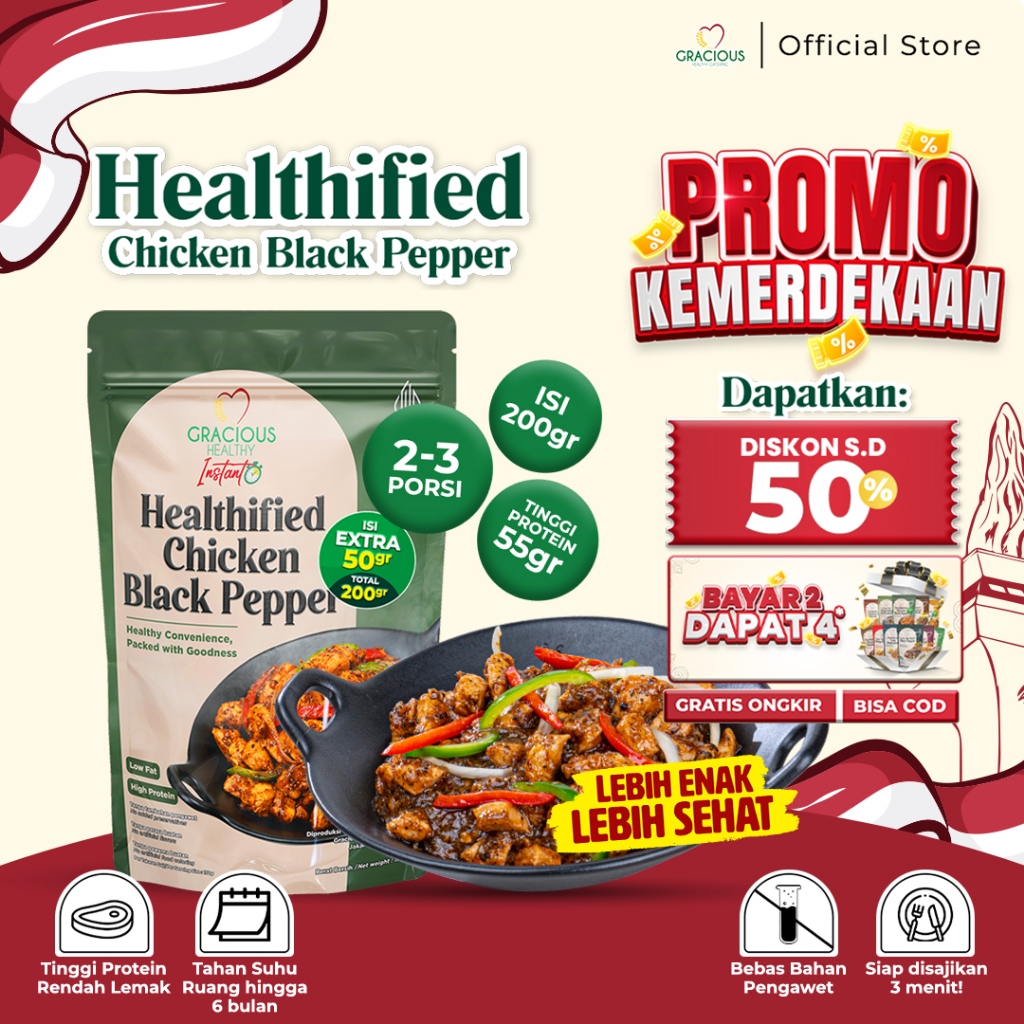 

Gracious Chicken Black Pepper - Protein 55gr (Makanan Instant Sehat Siap Saji)