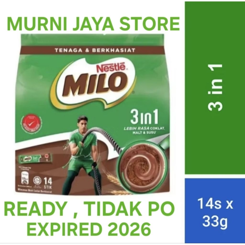 

MILO 3in1 SACHET ,EXP 2026 , 1 PACK 14 SACHET × 33 GRAM / Milo sachet 3in1