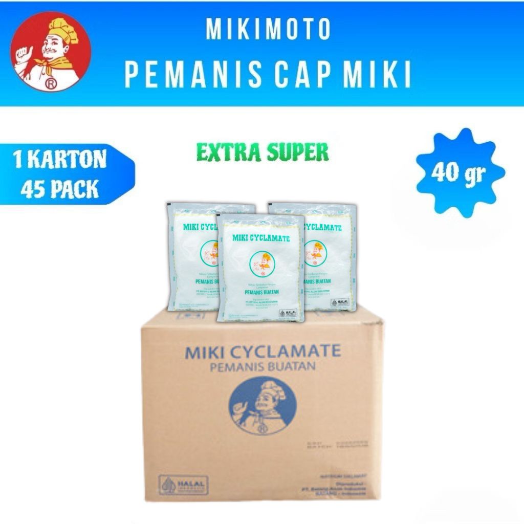 

MIKI Cyclamate Pemanis Miki Sari Manis / Pemanis Makanan Dan Minuman Miki Extra Super ES 40/HJ - Kemasan 40gr (1 Karton Isi 450 Pcs)