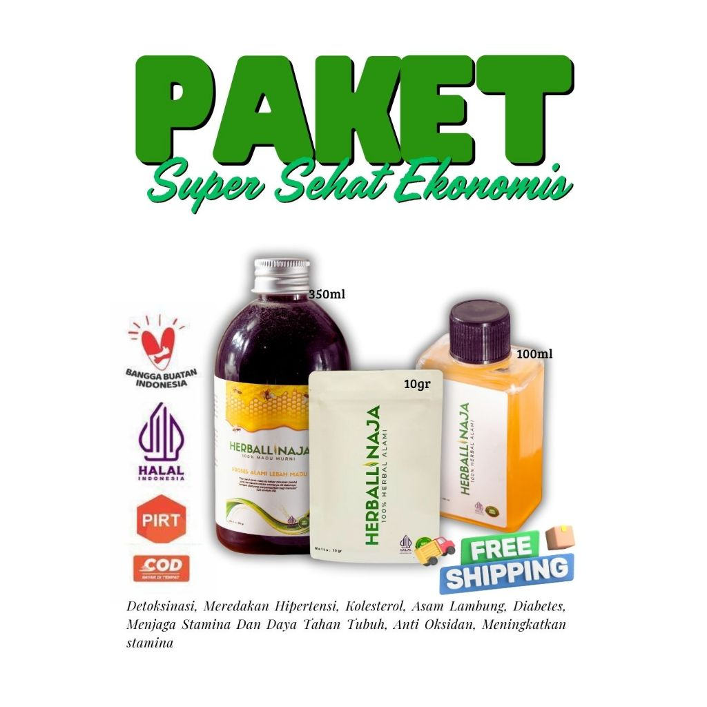 

Paket Super Sehat Ekonomis HerballiNaja – Madu 350ml + Herbal 100ml + Herbal 10g | Halal, PIRT