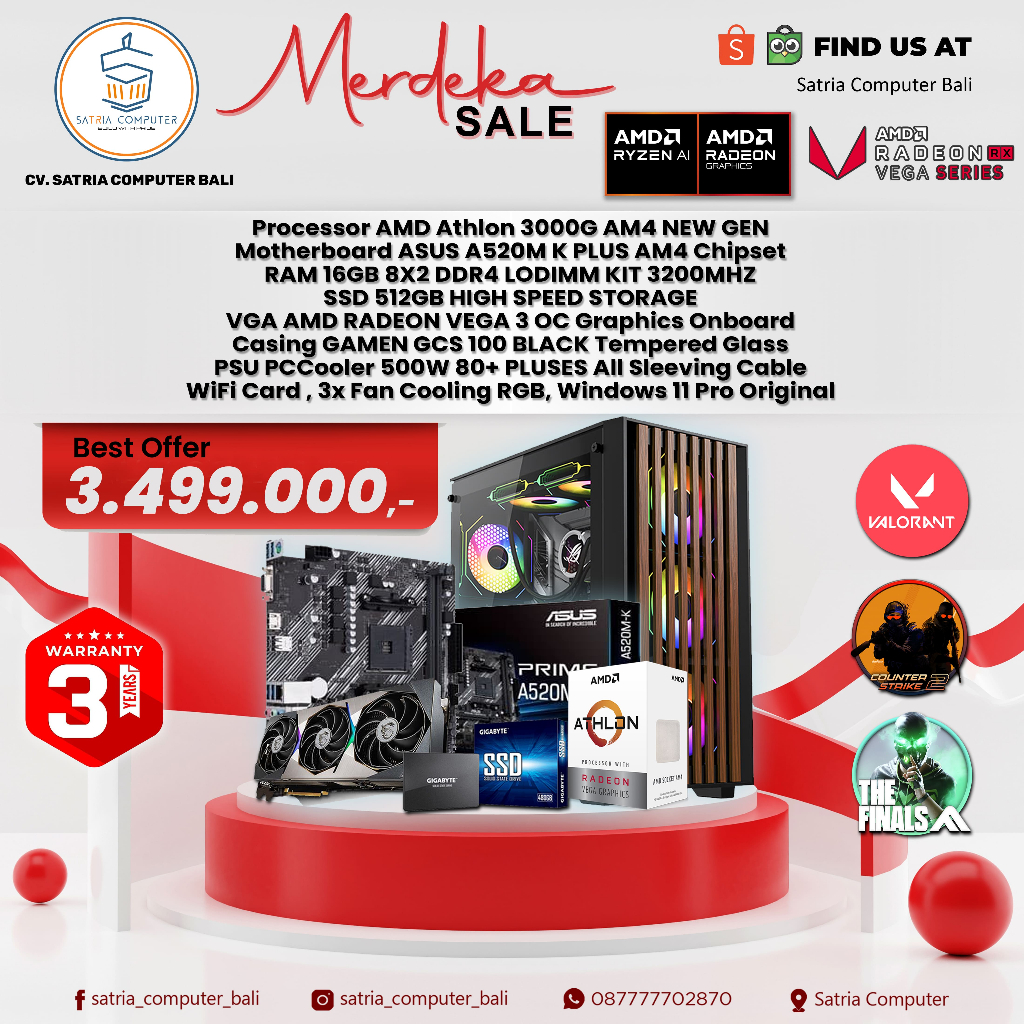 RAKITAN PC GAMING AMD Athlon 3000G AM4 /8GB / SSD 256GB / Radeon Vega 3 / GARANSI 3 TAHUN