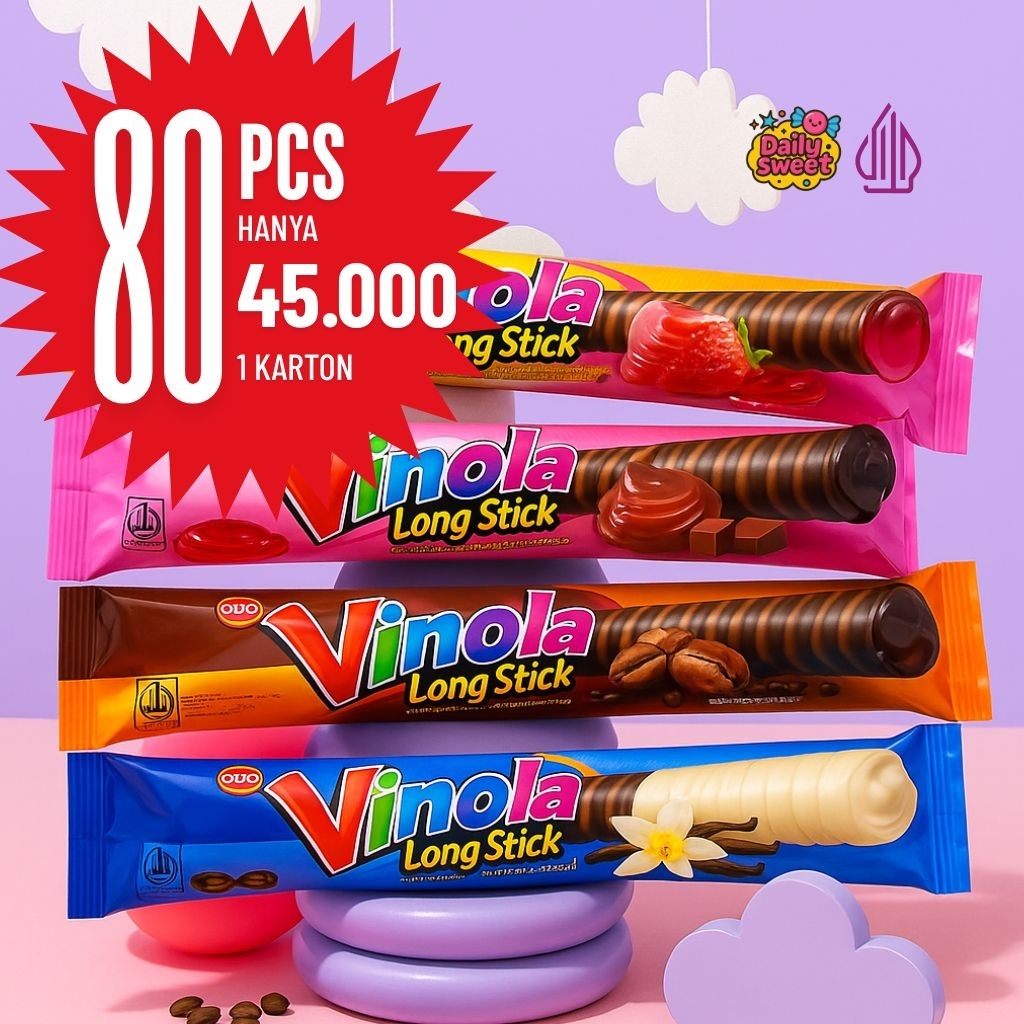 

[DUO] (50PCS + GRATIS 30PCS) 1 KARTON VINOLA LONG STICK, MIXMURAH, VIRAL, SNACK SALUT COKLAT, RASA COKELAT, KOPI, STROBERI, VANILA, MANIS, RENYAH, MANIS, MURAH, CEMILAN ANAK, ISI BANYAK Chocolate Food Makanan Camilan Wafer