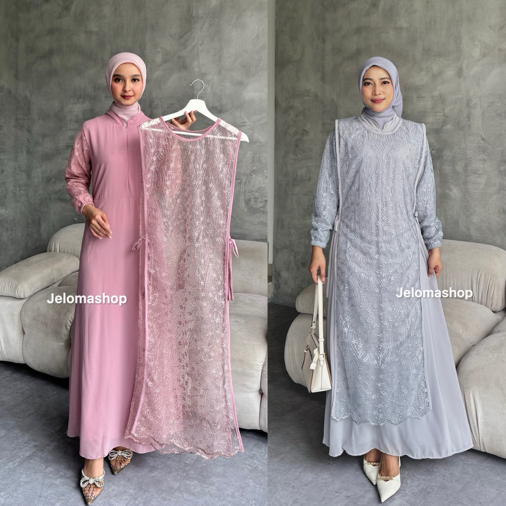 Adisty dress set outer brokat sleting depan / gamis wanita kondangan busui friendly Muslim Pesta Bel