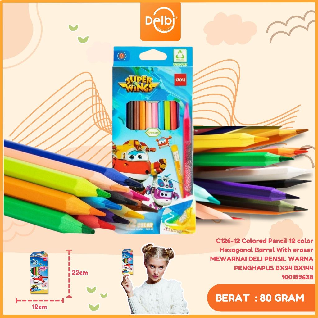 

DELI PENSIL WARNA PANJANG 24 WARNA PENGHAPUS SUPER WINGS C126-12 C126-12 Colored Pencil / 12 color Hexagonal Barrel With eraser