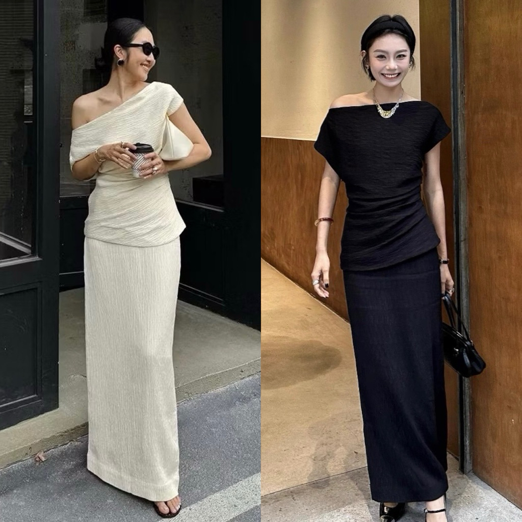 SET1080 HOLDON KOREAN STYLE VINTAGE SETELAN ROK ONE SHOULDER SIMPLE CASUAL
