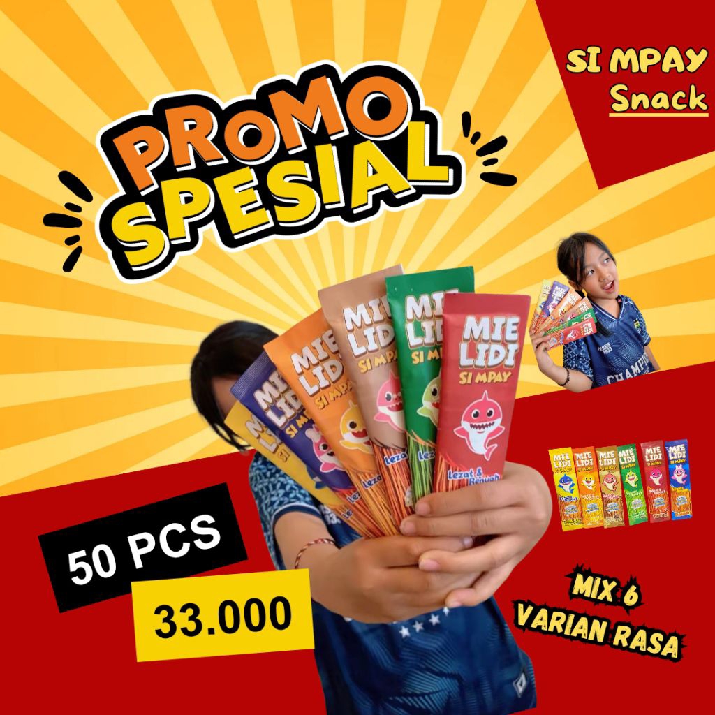 

Mie Lidi Terlaris Paket Promo Isi 50 pcs Mix 6 Varian Rasa by Si Mpay snack