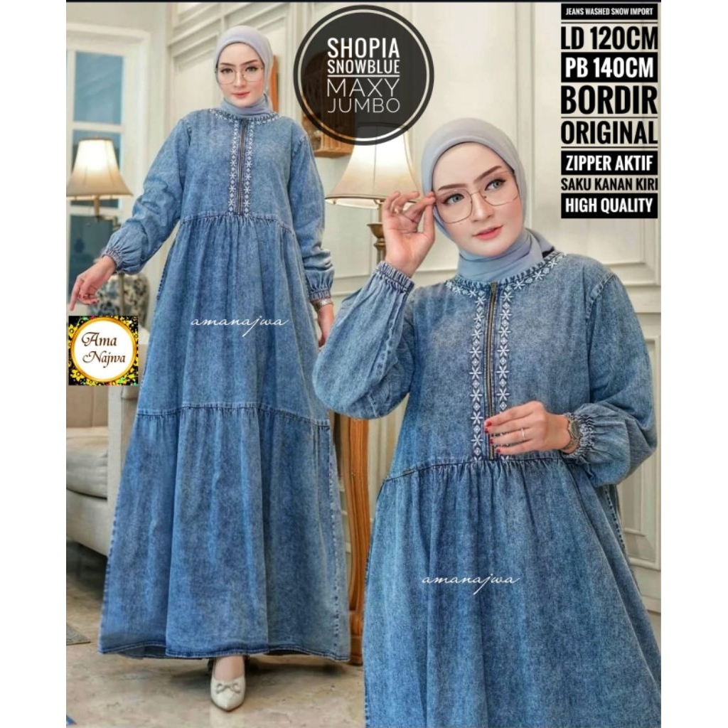 LD 120 Baju Gamis Jeans Washed Premium SHOPIA MAXY JUMBO