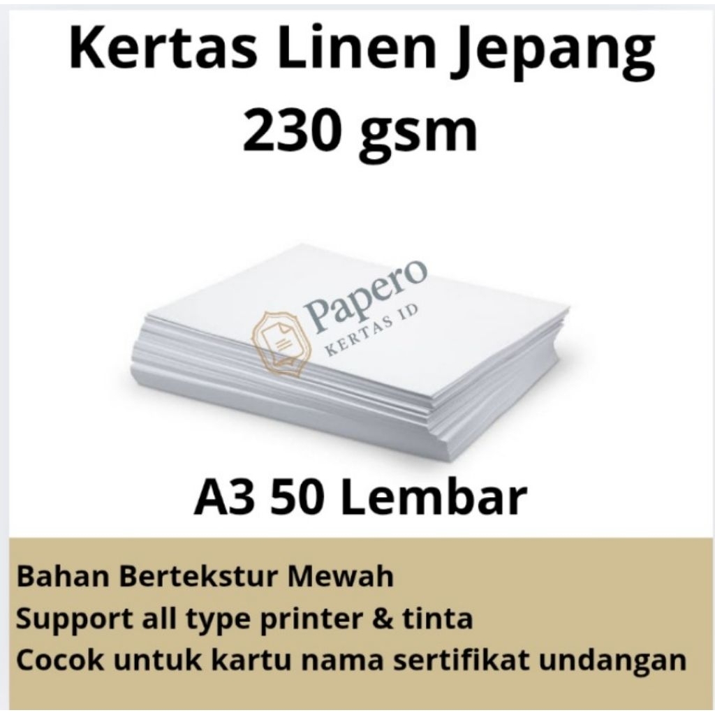 

Kertas Linen 230 gsm Jepang Premium | A3 Isi 50 Lembar - Kertas Undangan, Sertifikat, Kartu Nama.