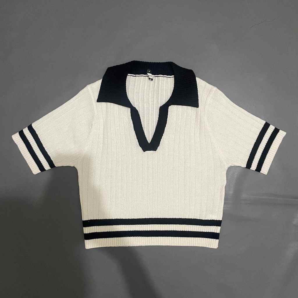 DEWASA A160 (COLORBOX ORI, PRELOVED) Baju Atasan Crop Top Rajut Knit Leher Kerah Tangan Pendek Stret