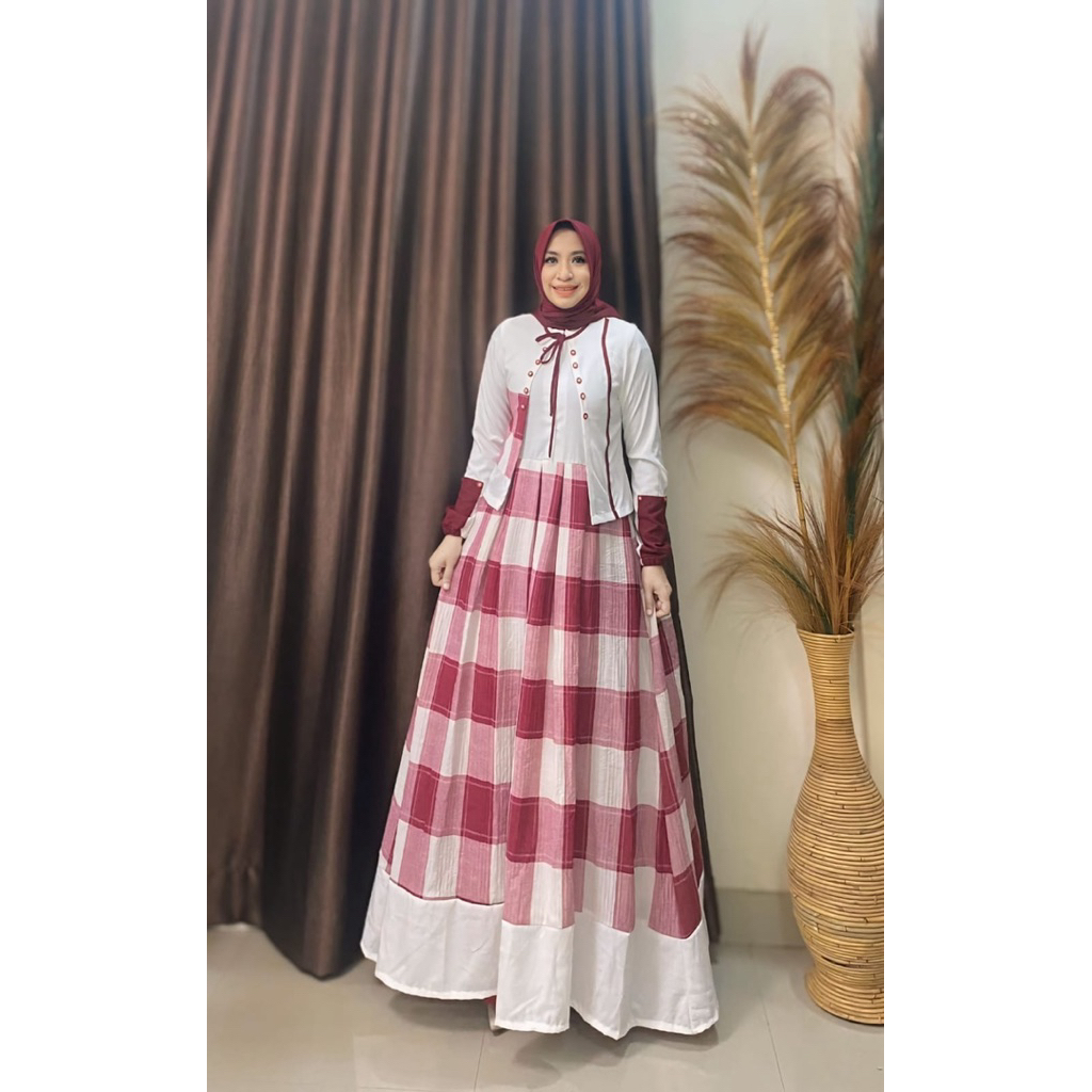 SET DRESS MERAH PUTIH DK 13 BY DEURA /GAMIS +OUTER MUSLIMAH KEKINIAN TRENDY WARNA MERAH PUTIH