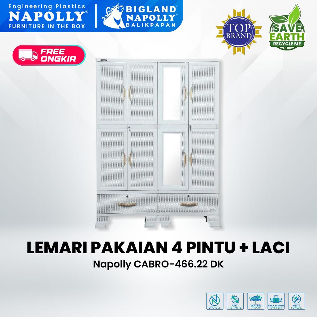 Napolly Lemari Pakaian Cabro-466 22 DK Furniture Plastik Serbaguna 4 Pintu 2 Laci Anti Rayap