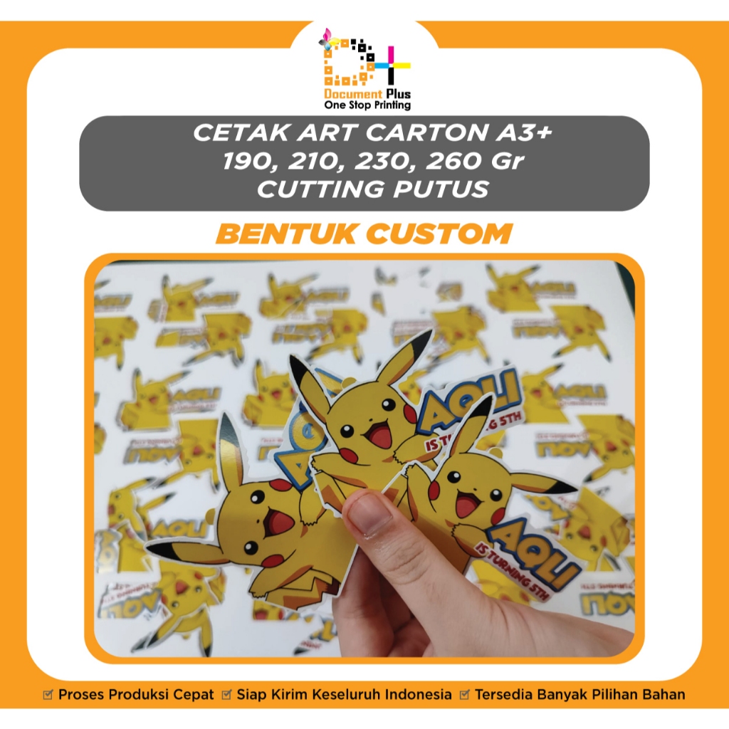 

Cetak Kertas Art carton Gsm / Print Art Carton AC 260, AC 230, AC 210, AC 190 Ukuran A3 + Full Colour Potong Bentuk 1 muka / 2muka