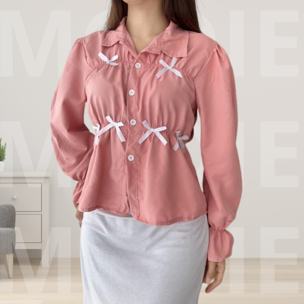 BAJU BLOUSE KOREA TANGAN PANJANG WANITA / CLEA / STYLE KOREA PITA KERUT WANITA / BAJU KOREA LUCU / B
