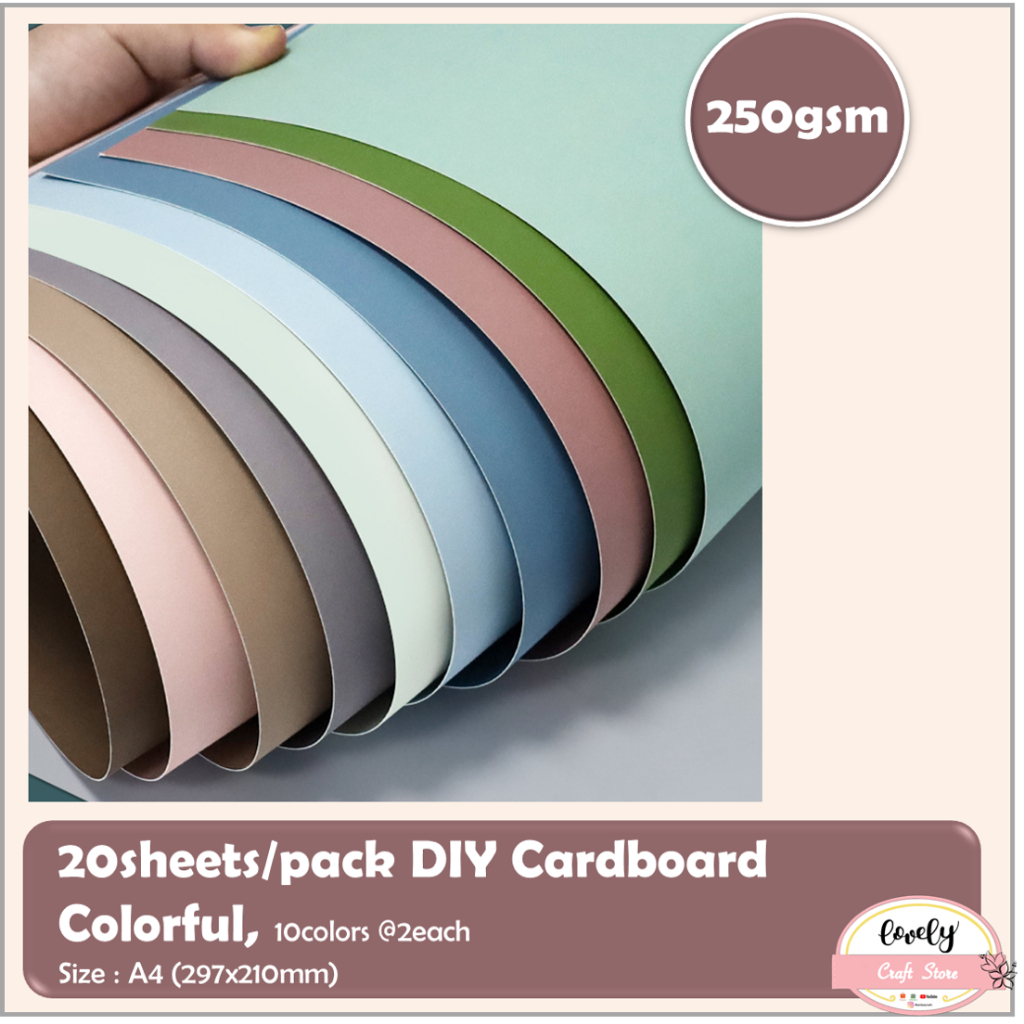 

LovelyCraftStore | 20sheets/pack DIY A4 Paper Cardboard 10 MIx Colors @2each, Paper Cardboard 250GSM for greeting card, gift packaging, handmade origami, etc #F05
