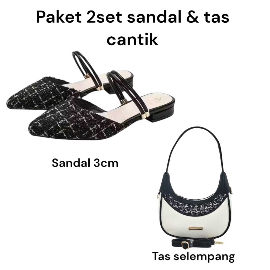 Paket hemat 2 set sendal vina haktahu 3cm wanita dan tas wanita elody