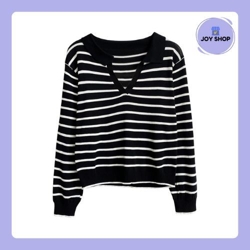 JOYSHOP Baju Knitwear Sweater Crop Rajut Sweater Garis Bahan Rajut CropTop Lengan Panjang BJ1618