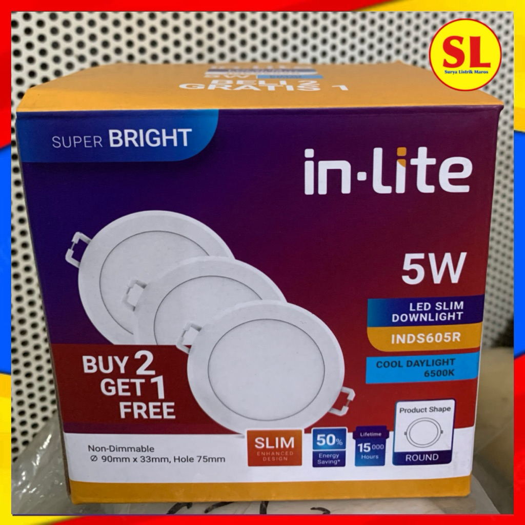 INLITE PAKET SLIM DOWNLIGHT 5 WATT BULAT INDS605R - BELI 2 GRATIS 1 PUTIH