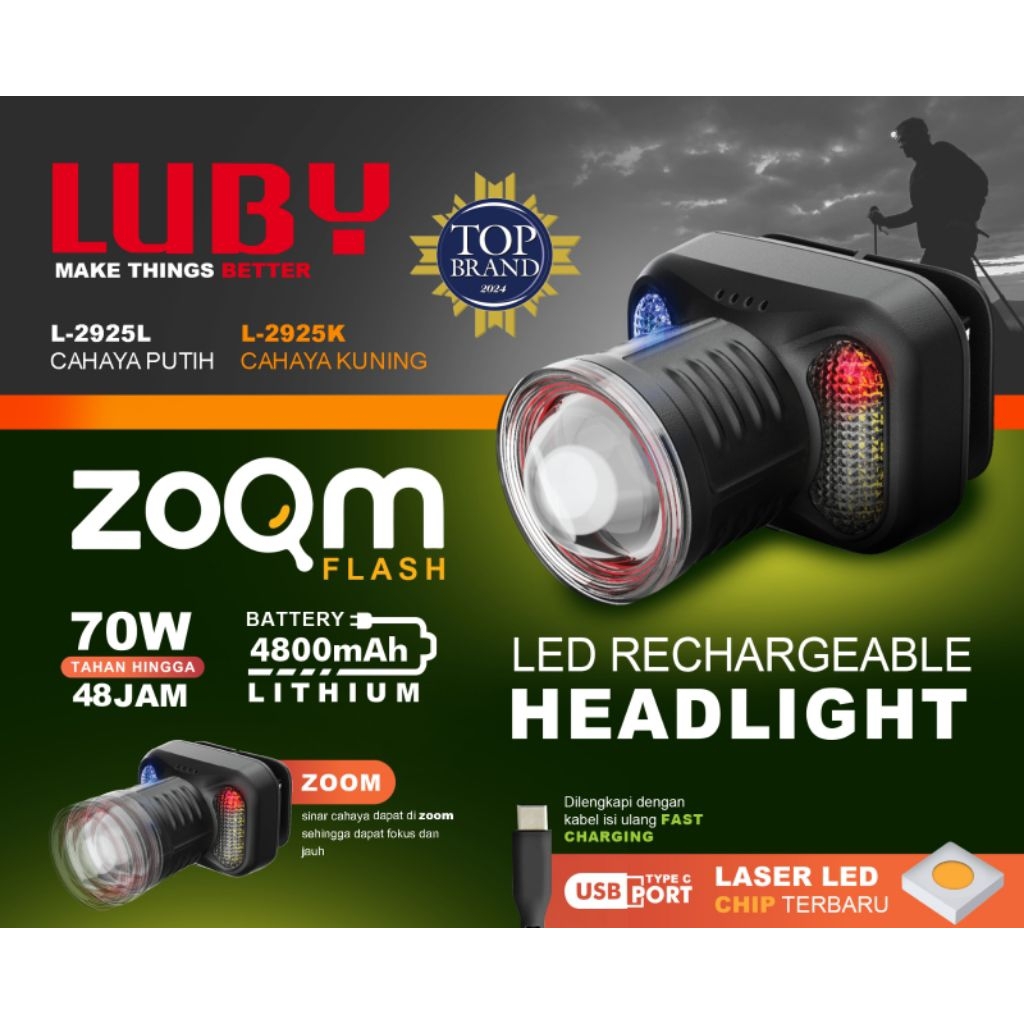 Senter kepala Zoom luby bagus L-2925L cahaya putih 70watt
