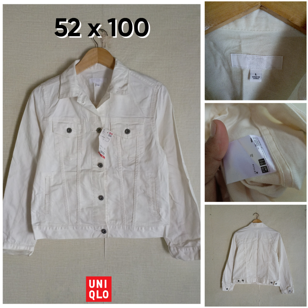Jaket Jeans UNIQLO Putih Ivory Size L Wanita Tebal OB013
