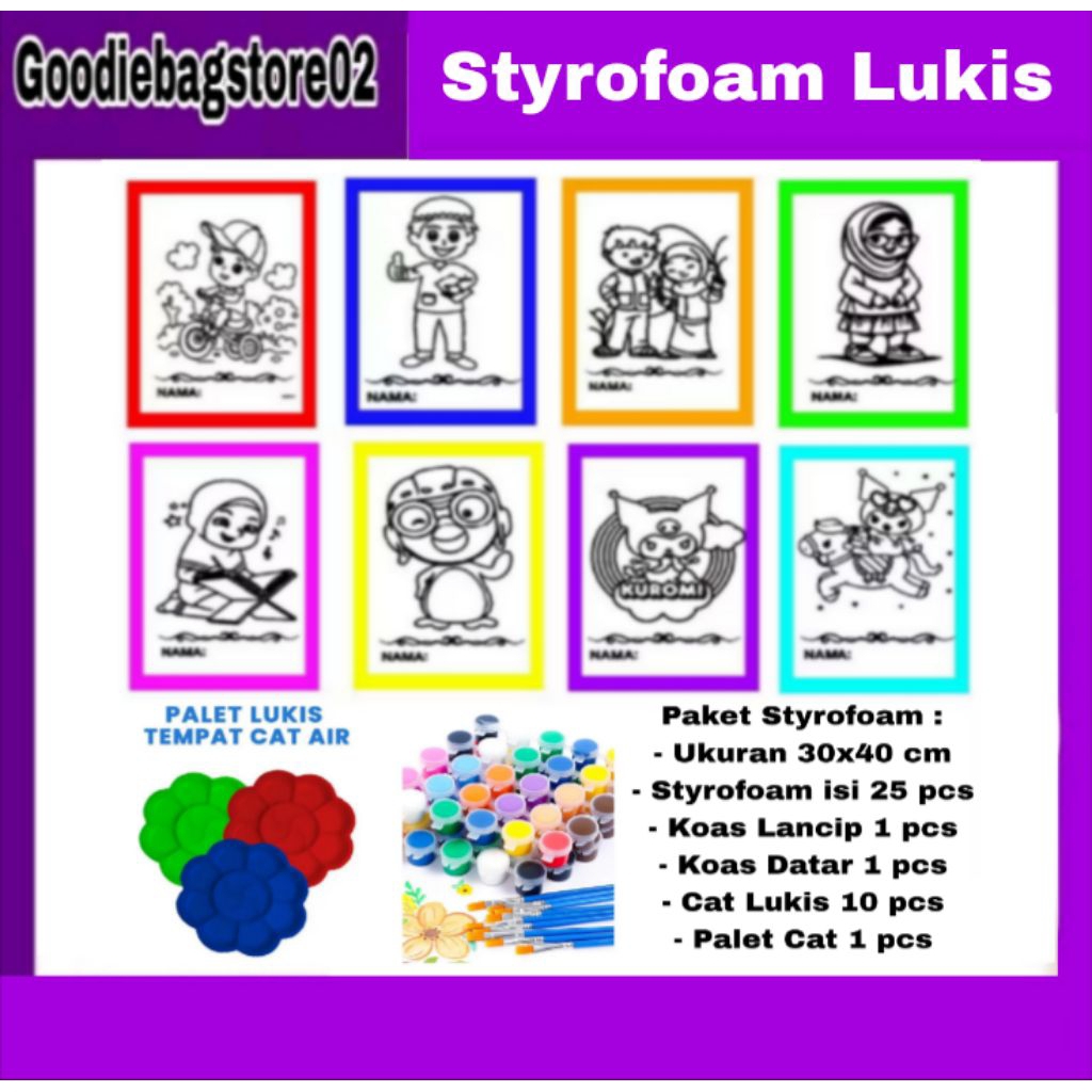 

(25pcs) Paket Lukis ukuran 30x40, 33x,50, Styrofoam:25pcs kuas datar:1pcs kuas lancip:1pcs Palet Cat:1pcs Cat 10ml:10pcs