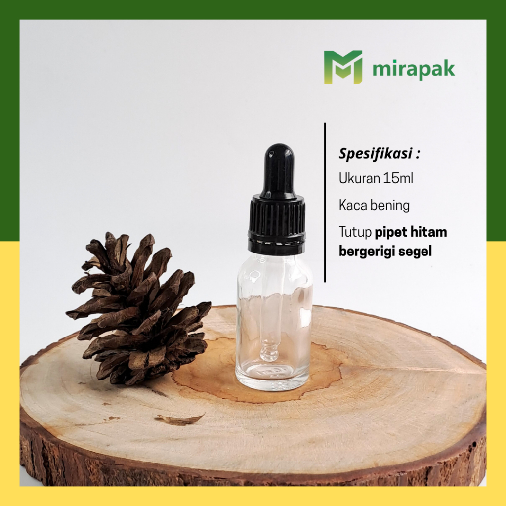 BOTOL PIPET 15ML BENING CLEAR KACA TEBAL - RING SEGEL HITAM KARET HITAM - SERUM KOSMETIK SKINCARE - 
