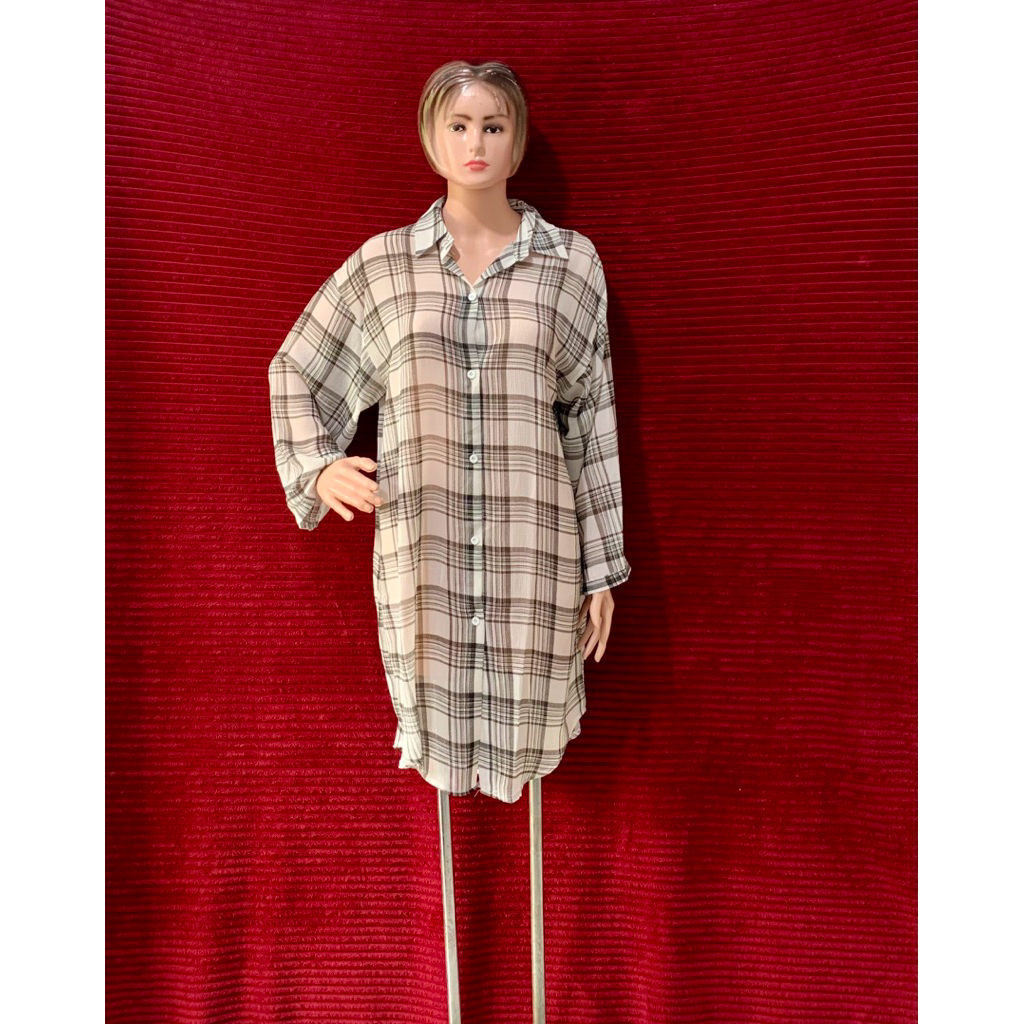 KEMEJA PUTIH KOTAK KOTAK LIST HITAM WANITA TUNIK TIPIS BRAND N.By