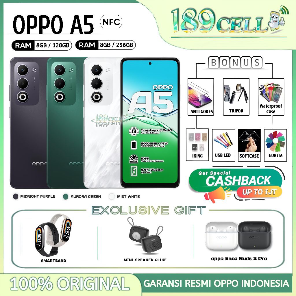 OPPO A5 RAM 8/128GB 8/256GB - Oppo A5 NFC, Snapdragon 6s 4G Gen1 Mobile GARANSI RESMI OPPO INDONESIA