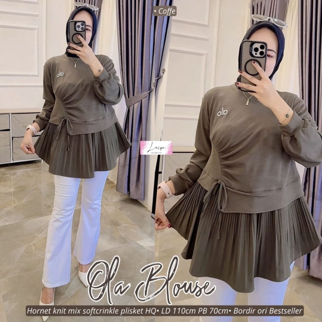 Ola Blouse Hitam Wanita Modis – Atasan Muslimah Plisket Elegan Bahan Knit HQ