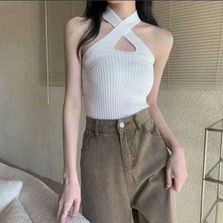 Tank Top Knit Korea Tali Silang /  Atasan Crop Wanita Rompi Kamisol