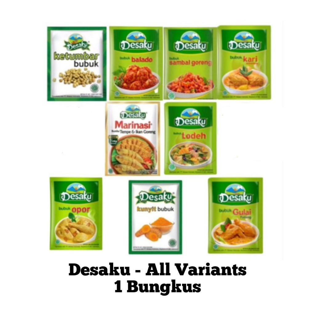 

Desaku Bumbu Bubuk Semua Varian 1 bungkus kunyit kunir bawang putih ketumbar tumbar sambal goreng marinasi ikan tempe ayam cabe cabai bubuk balado kari kare sambel opor