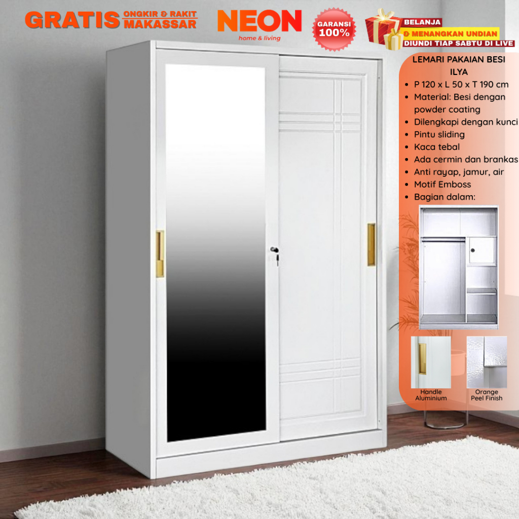 Lemari Pakaian Besi Ilya Sliding Minimalis Murah Anti Rayap Makassar | Lemari Baju Sleding