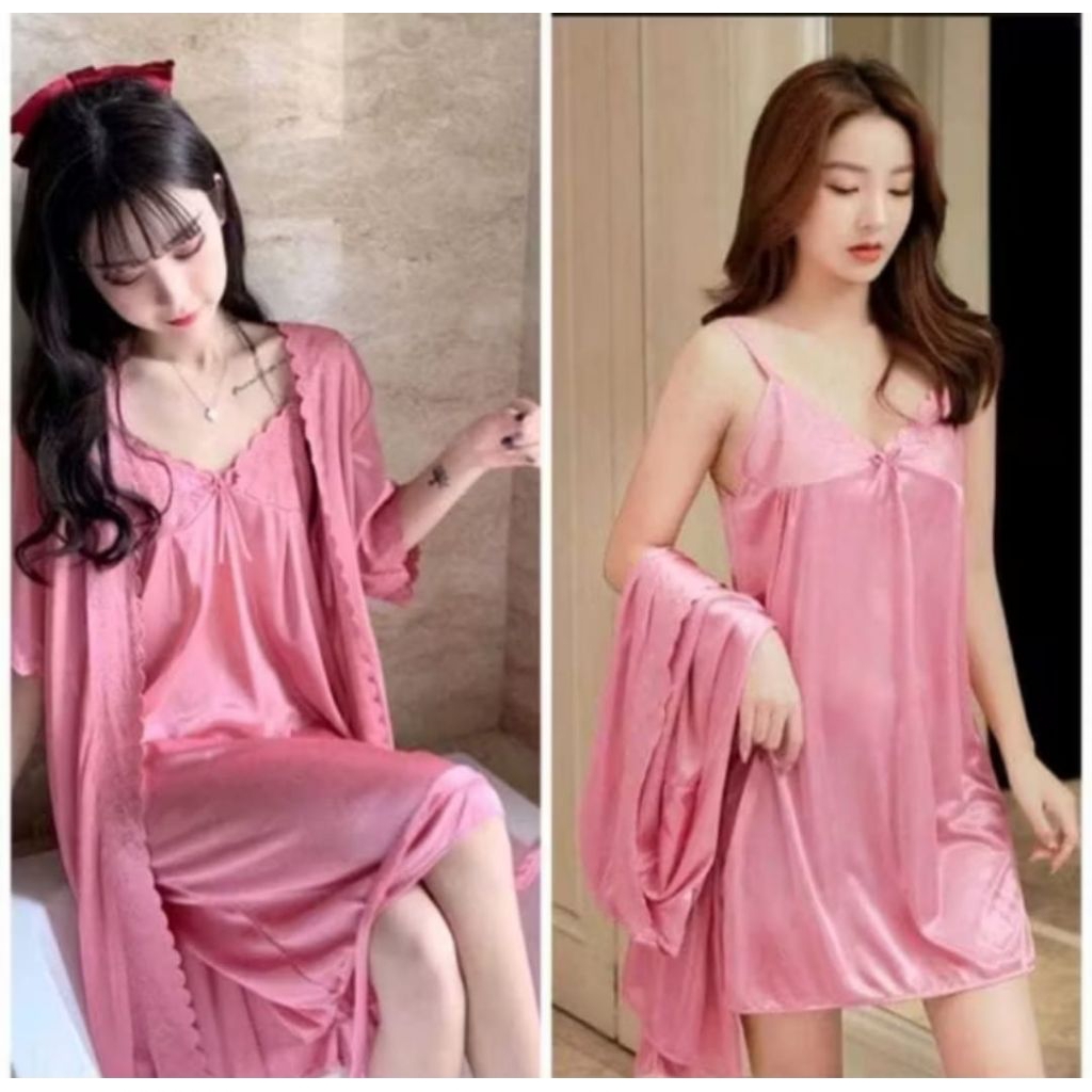 lingerie baju tidur sexy 2in1 dress satin