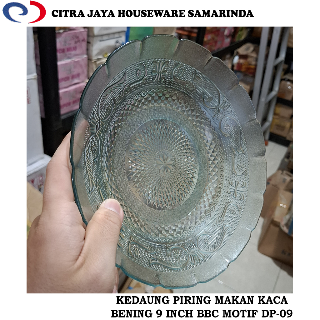 Piring Makan Kaca Bening 9 Inch BBC Motif KEDAUNG DP-09 (1 Pcs / 3 Pcs / 6 Pcs)