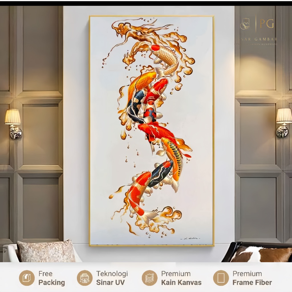 Lukisan Ikan Koi 9 Ekor & Naga | Wall Art Feng Shui Pembawa Hoki untuk Hiasan Dinding rumah