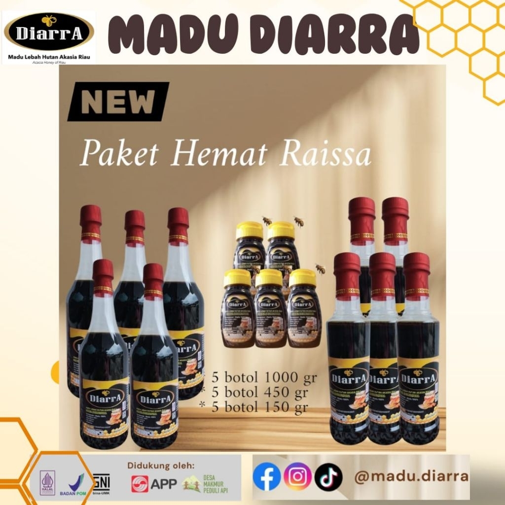 

Madu DiarrA Paket Hemat ,5 botol Ukuran 1 kg, 5 botol ukuran 450 gr, 5 botol ukuran 150 gr-Madu acasia-Madu asli-madu-Rawhoney-tanpaproses-tanpapengolahan-Sertifikasi-BPOM-Halal-Ujilab-SIG-Bogor