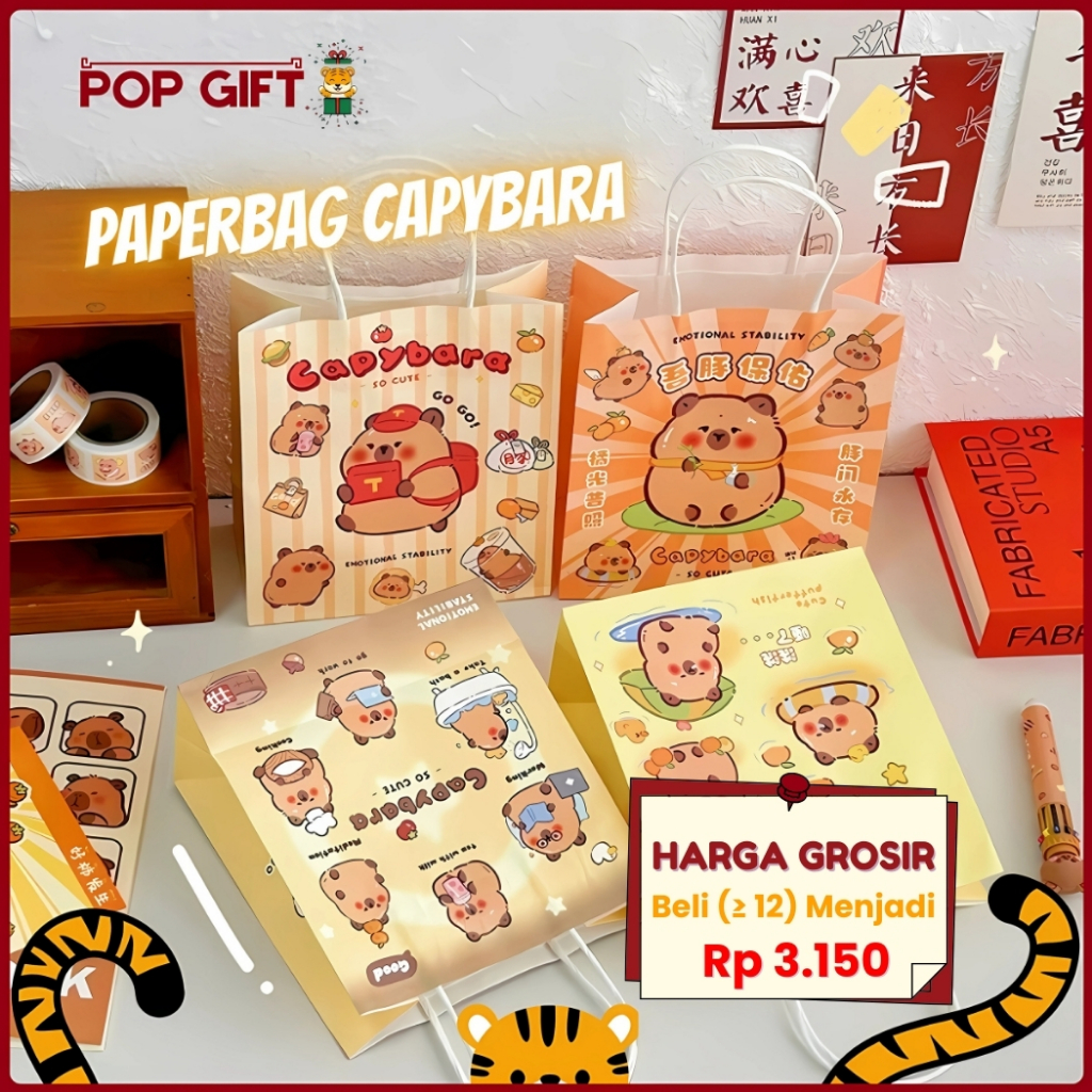 

PG Paper Bag Tas Kado Ulang Tahun Kartun Goddie Bag Motif Capybara Tas Jinjing Hampers Bingkisan