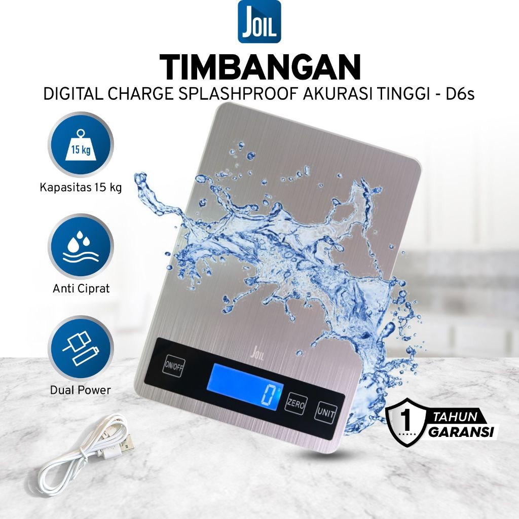 Joil Timbangan Dapur Digital Splashproof Chargeable Fitur Tare - D6S