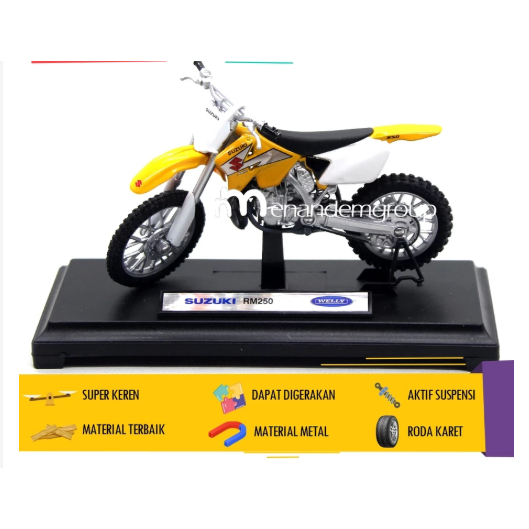 Diecast Miniatur Mainan Motor Trail Suzuki RM250 Besi Metal Aktif Suspensi