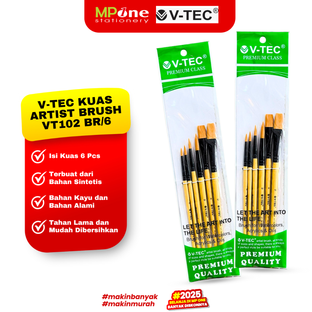 

(1 SHEET) V-TEC Kuas Lukis Set Isi 6 / Artist Brush VT-102 BR/6 / Kuas Cat Air Minyak Acrylic V-TEC