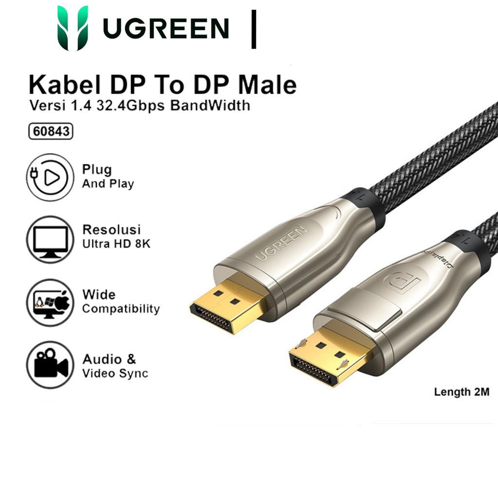 Ugreen 1.4 Display Port M/M Cable Zinc Alloy Shell With Braided 2m DP112 - 60843