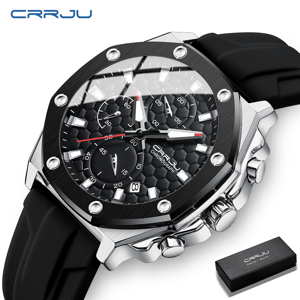 CRRJU Jam Tangan Pria Analog Crononya Aktif Tali Silicone Multifungsi Kalender Tahan Air Arloji Cowo
