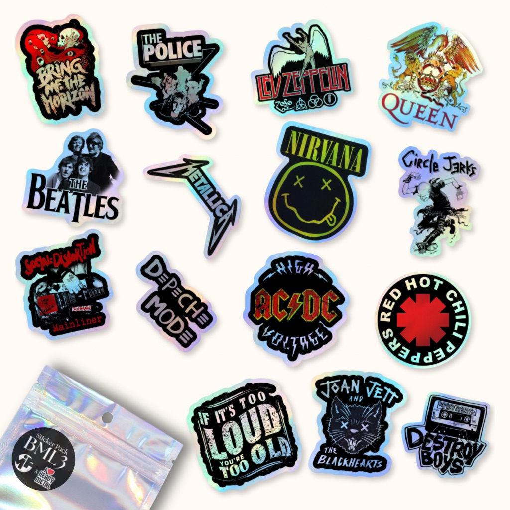 

[1 Pack] Sticker Hologram Band Rock Metal Premium Laminasi , Stiker Hologram Metallica Epck n Roll Aesthetic Isi Banyak Dekorasi Laptop Tumblr Gitar