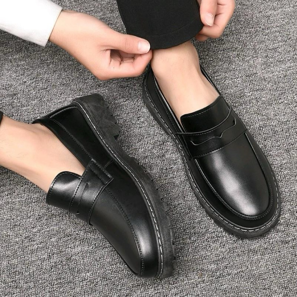 BOZBAY Sepatu Docmart Oxford pria Sepatu Formal Slip On Kerja Kantor Kuliah Karet Shoes Hitam Pantof