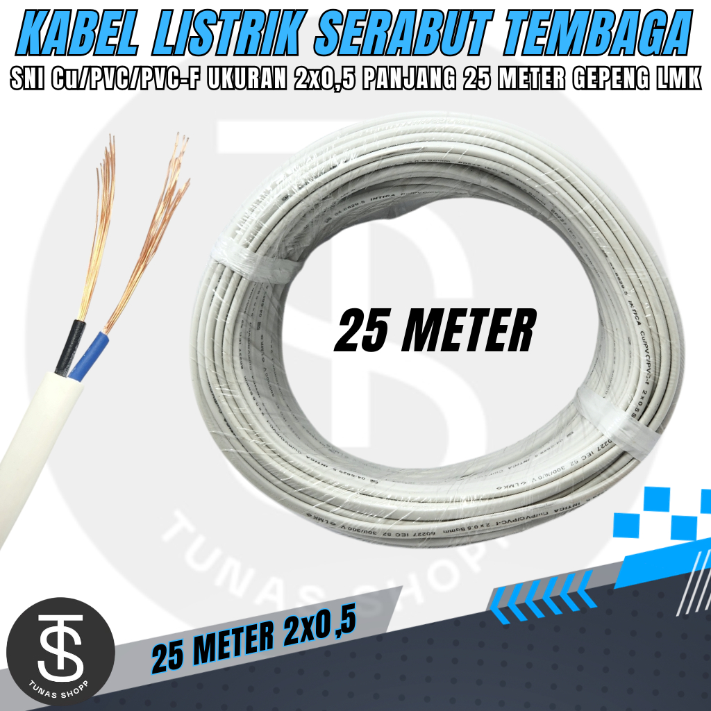 2x0.5 Kabel Gepeng Listrik Serabut / Kabel Listrik Serabut 25 METER Tembaga Berkualitas / Kabel Sera