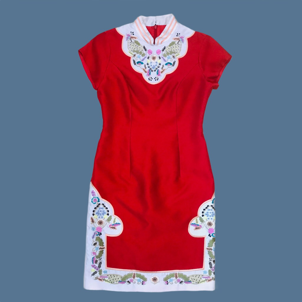Dress Mini Qipao Cheongsam Bordir Motif Bunga Wanita