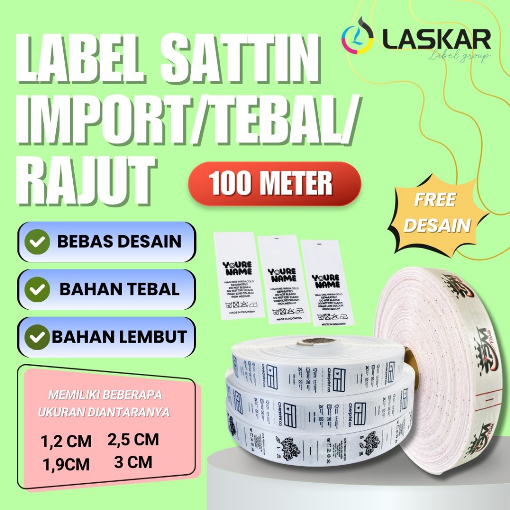

100m label satin tebal custom printing lebel tag baju nama sendiri washing care wash