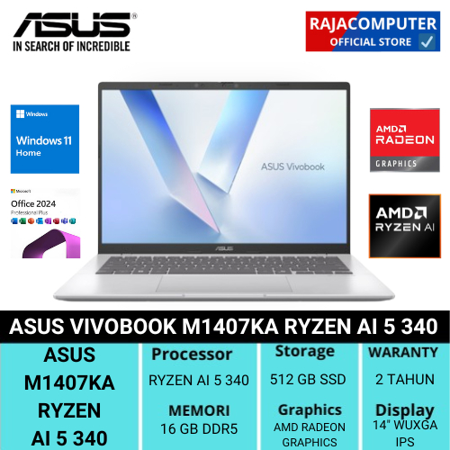 ASUS VIVOBOOK 14 M1407KA RYZEN AI 5 340 16GB SSD 512GB 14″ WUXGA W11+OHS+M365