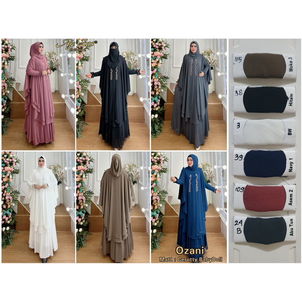 Gamis Jubah Syar'i Set Hijab Hodie Jumbo Kepala Soft Pet Antem Kode OZANI Bahan Ceruti BabyDoll By A