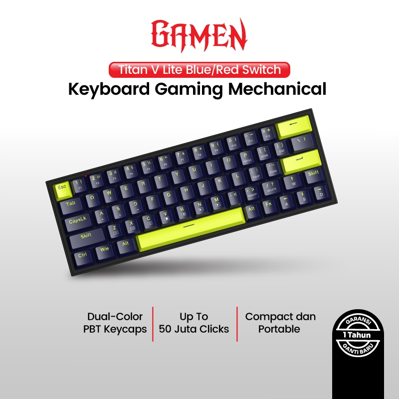 GAMEN Titan 5 Lite Keyboard Gaming Mechanical 60% Layout Compact Blue/Red Switch 3 Pin Hot-Swappable